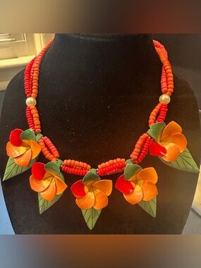 Botanical Hawaiian Wood Floral Pink Orange Yellow & Green Leaves Light Weight